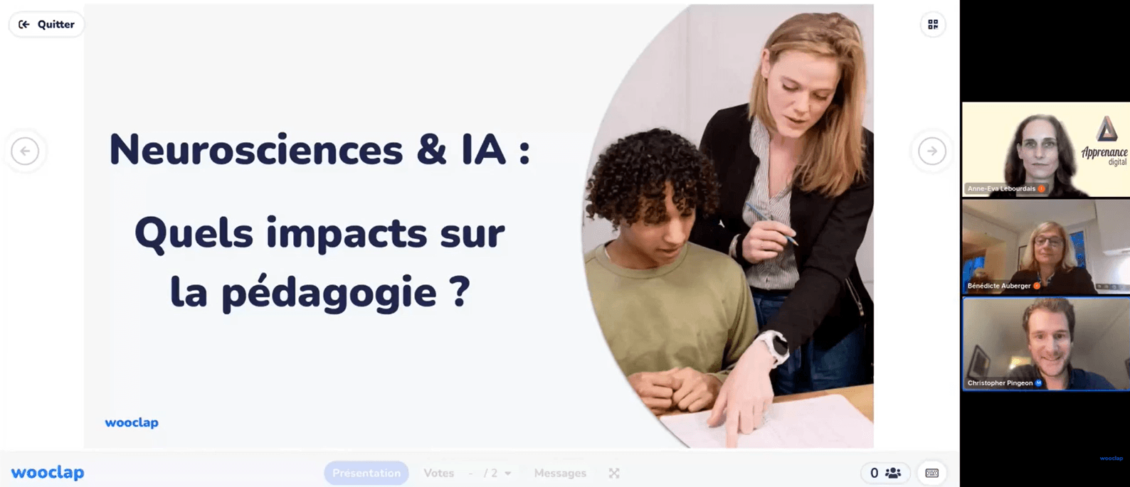 Capture d'écran d'un webinaire interactif Wooclap présentant les impacts de l'alliance entre neurosciences et intelligence artificielle sur la pédagogie et le learning design.